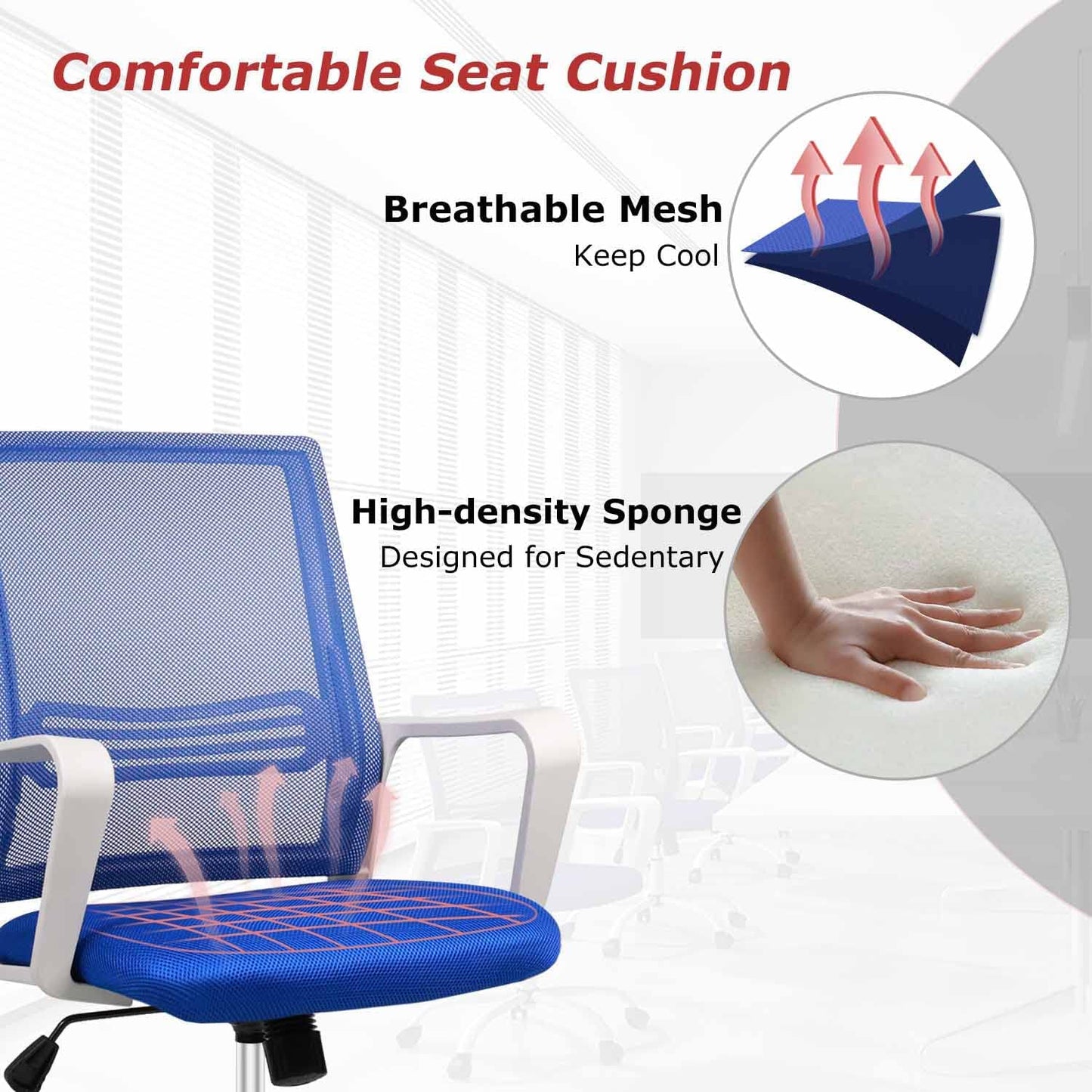 Ergonomic Computer, Home Wheels Mesh Office Desk, Mid Back Rolling Task Chair, Blue