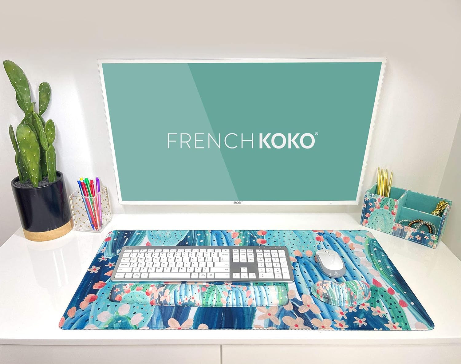 Large Mouse Pad Long Desk Mat Keyboard Pad Desktop Accessories Home School College Decor Supplies Pretty Extended Mousepad Big Office Essentials Women Girls XL Plant Pink Green Cute Cactus