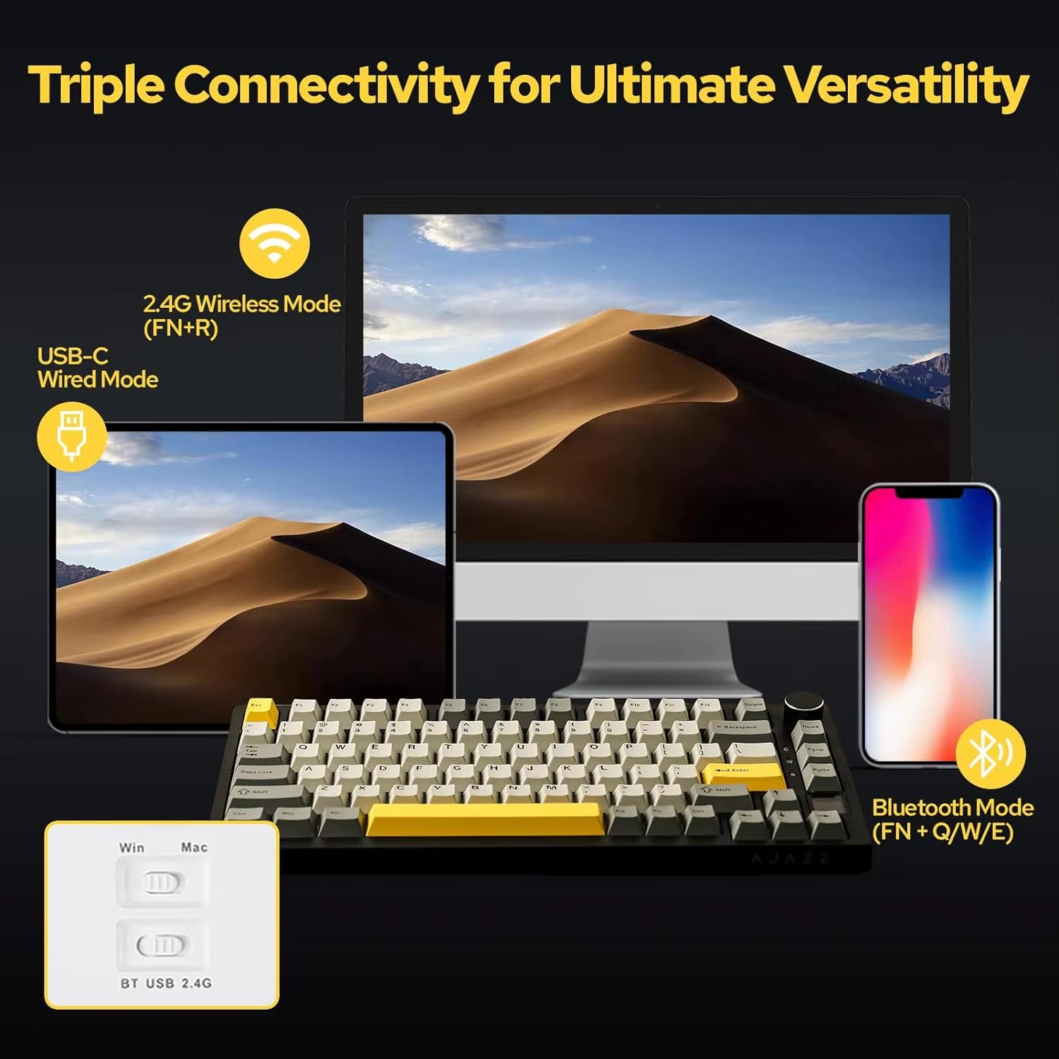 AK820 Pro Gaming Mechanical Keyboard 75% Bluetooth/ Wireless Customized Gamer Keyboard with TFT Color Screen Knob for PC