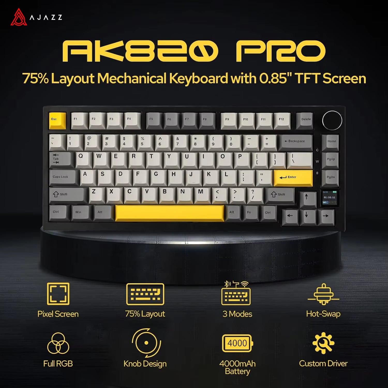 AK820 Pro Gaming Mechanical Keyboard 75% Bluetooth/ Wireless Customized Gamer Keyboard with TFT Color Screen Knob for PC