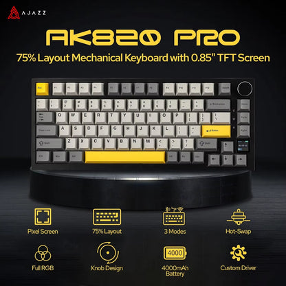 AK820 Pro Gaming Mechanical Keyboard 75% Bluetooth/ Wireless Customized Gamer Keyboard with TFT Color Screen Knob for PC