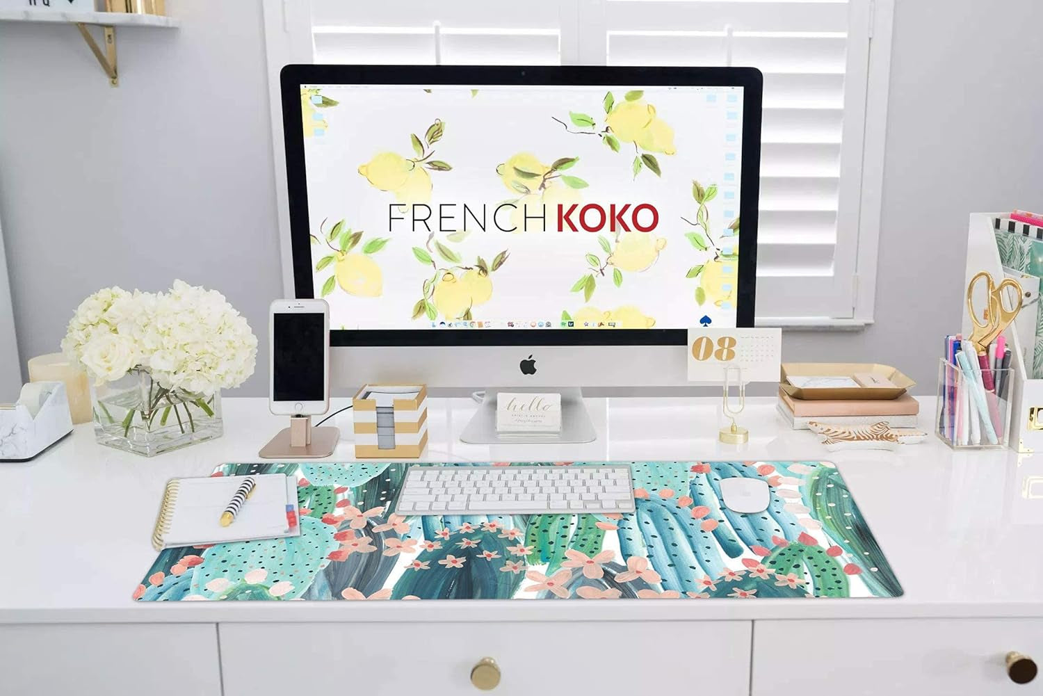 Large Mouse Pad Long Desk Mat Keyboard Pad Desktop Accessories Home School College Decor Supplies Pretty Extended Mousepad Big Office Essentials Women Girls XL Plant Pink Green Cute Cactus